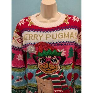 Merry Pugmas Sweater Ugly Christmas Pullover XS Oversized Multicolor Holiday Pug
